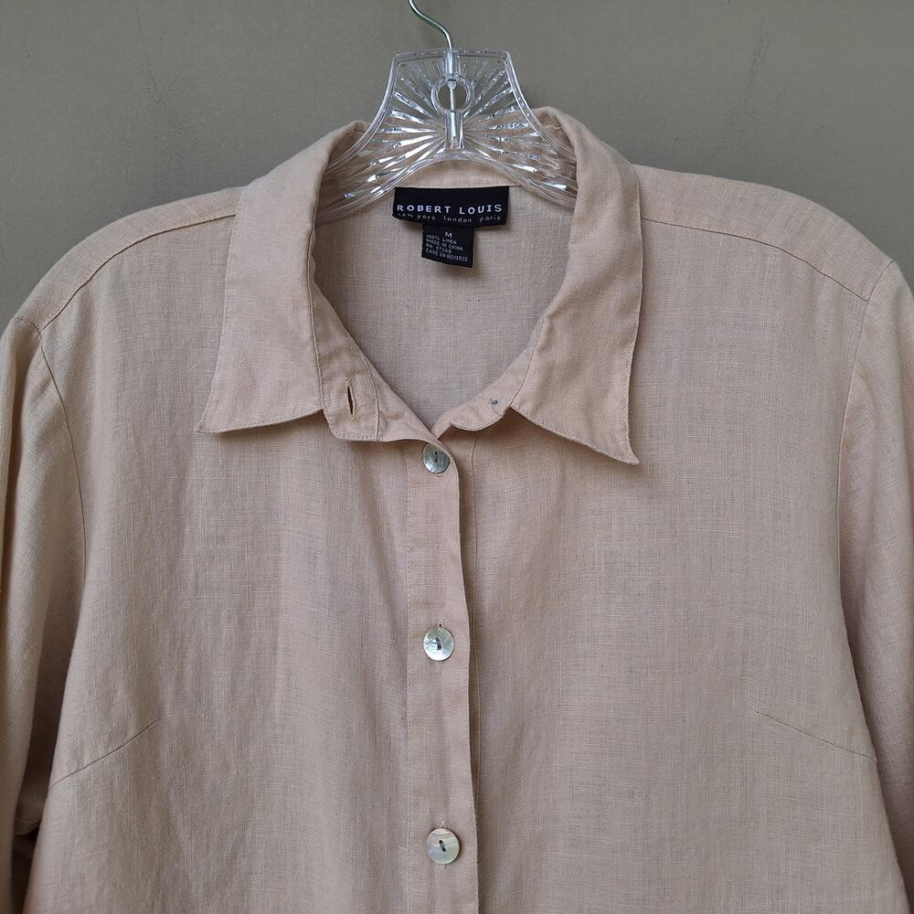 Robert Louis 100% Linen Crochet Trim Mother of Pearl buttons Blouse Shirt Tan M - Picture 9 of 10